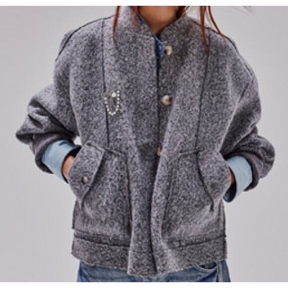 Free People Willow Bomber Jacket Gray Boucle Textured Size: Large - Picture 1 of 10
